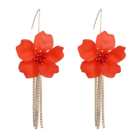 Red Structured flower rhinestones earrings new - Picture 1 of 2